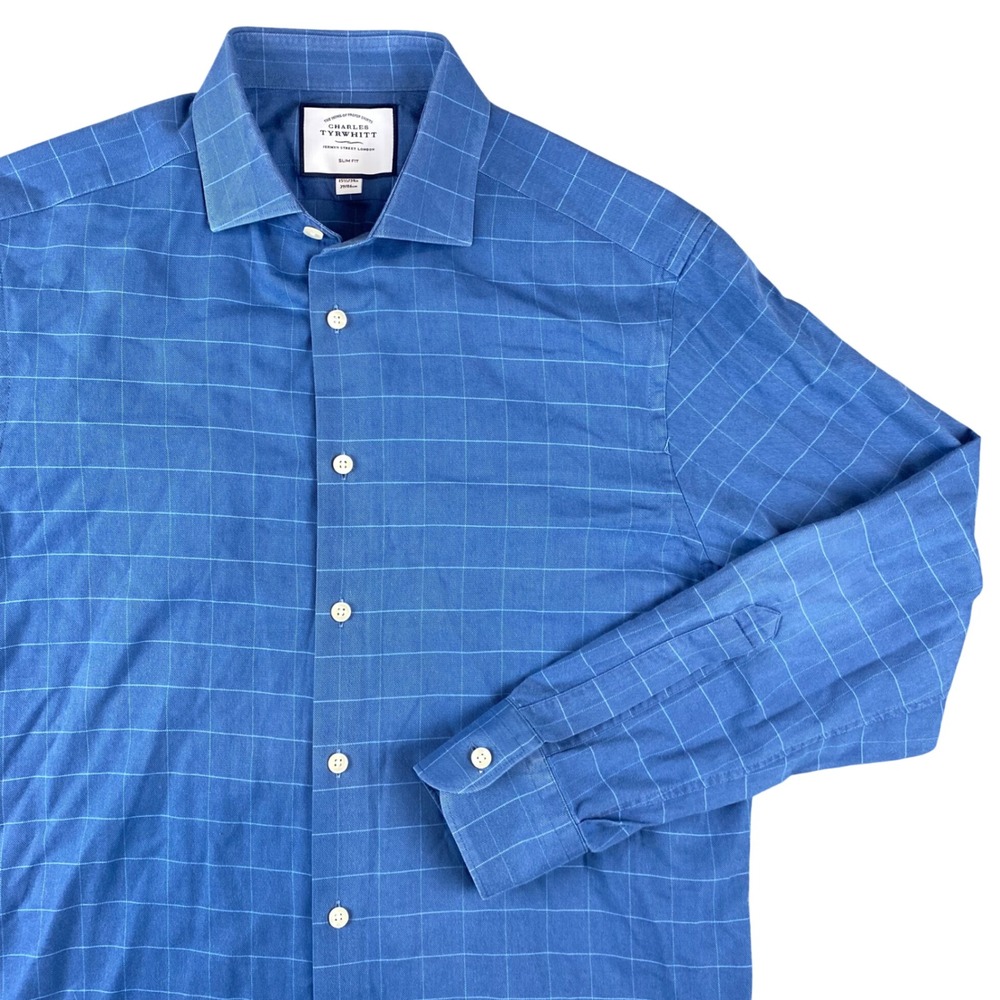 Charles Tyrwhitt Shirt Men 15-1/2 34 Slim Fit Blue Windowpane Cotton Long Sleeve